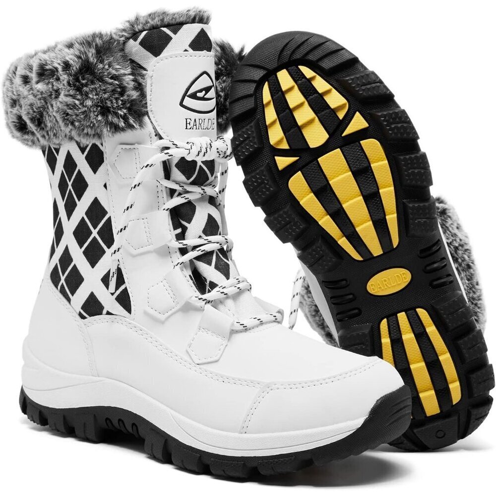 Women’s Ivory White Plaid Waterproof Snow Boots Mid-Calf Faux Fur Lined Non-Slip